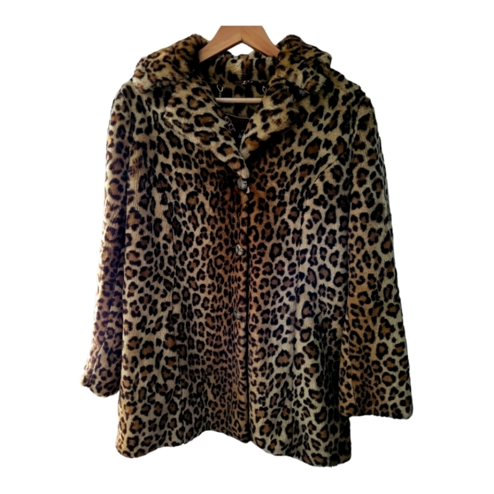 Dennis Basso Faux Fur Leopard Print Swing Style Coat Size Medium Brown and Black